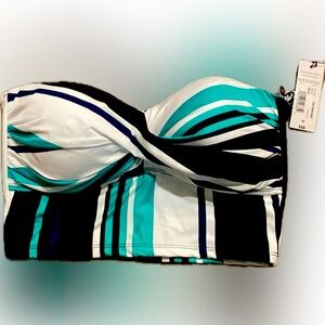 Sonnet Shores Bandeau Swim Top Bra with Removable black/green stripe NEW